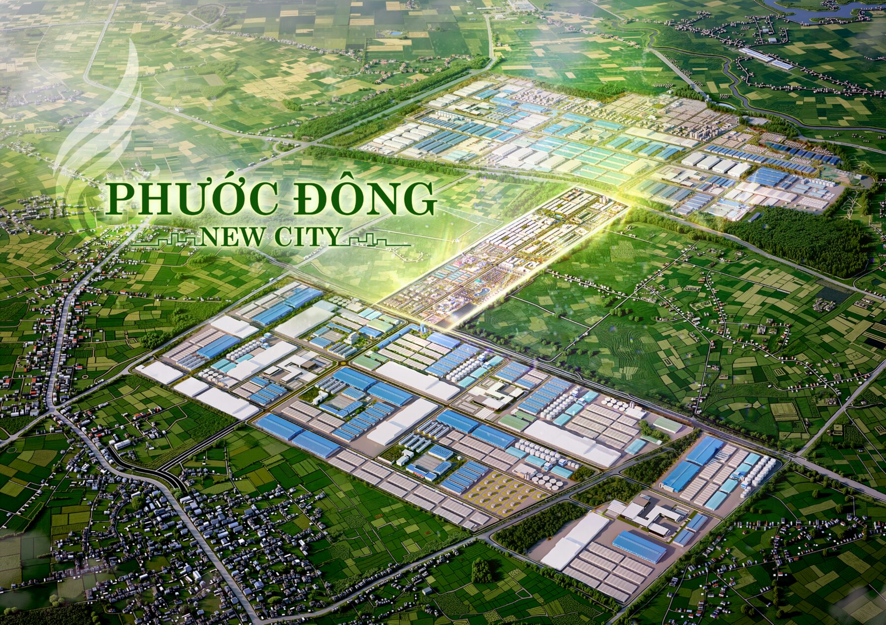 Phối cảnh tổng thể trên cao khu đô thị Phước Đông New City